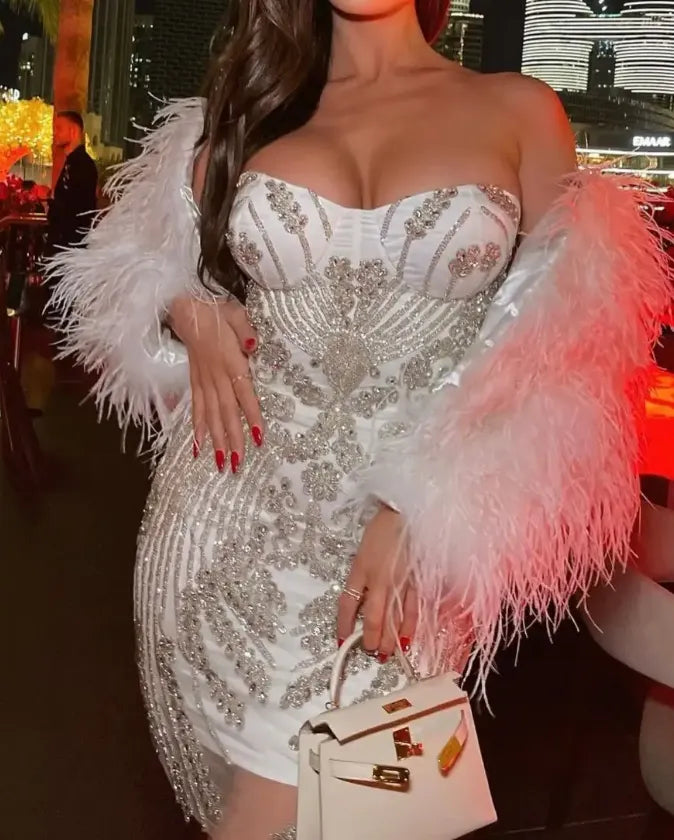 White Strapless Crystal Mini Dress