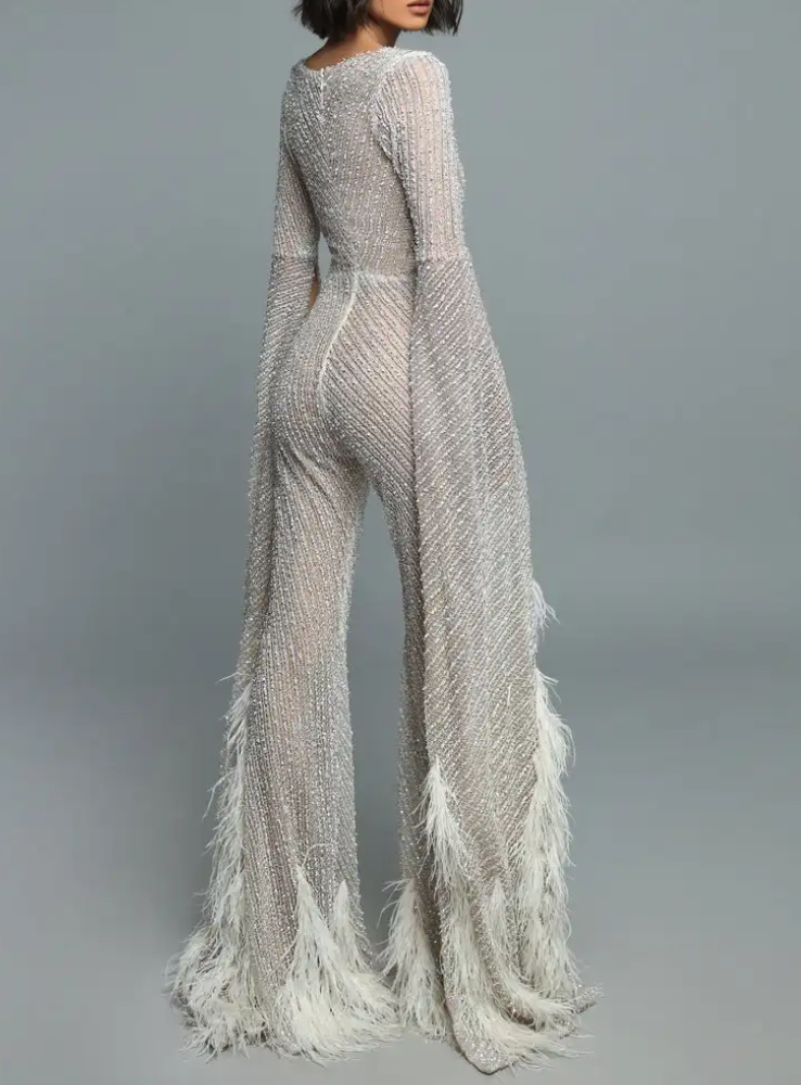 Glam Nude Sequin Flared Leg Jumpsuit with Feather Hem