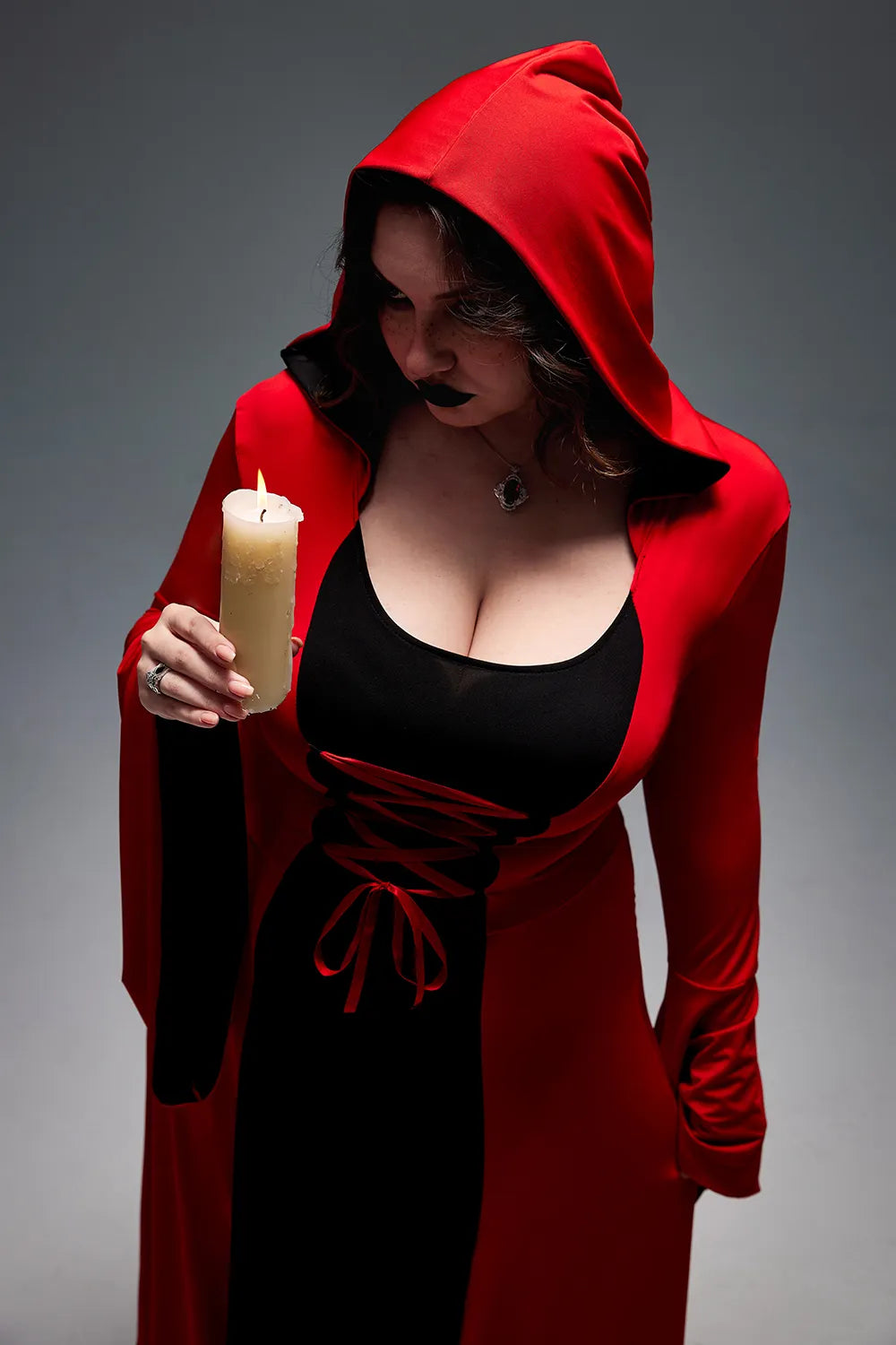 Halloween Costume Red Hooded Lace Up Witches Trumpet Sleeve Knitted Maxi Dress(Ships 24h)