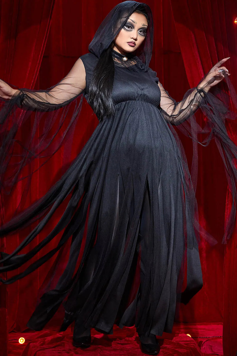 Halloween Costume Gothic Black Mesh Fringe Maxi Dress(Ships 24h)