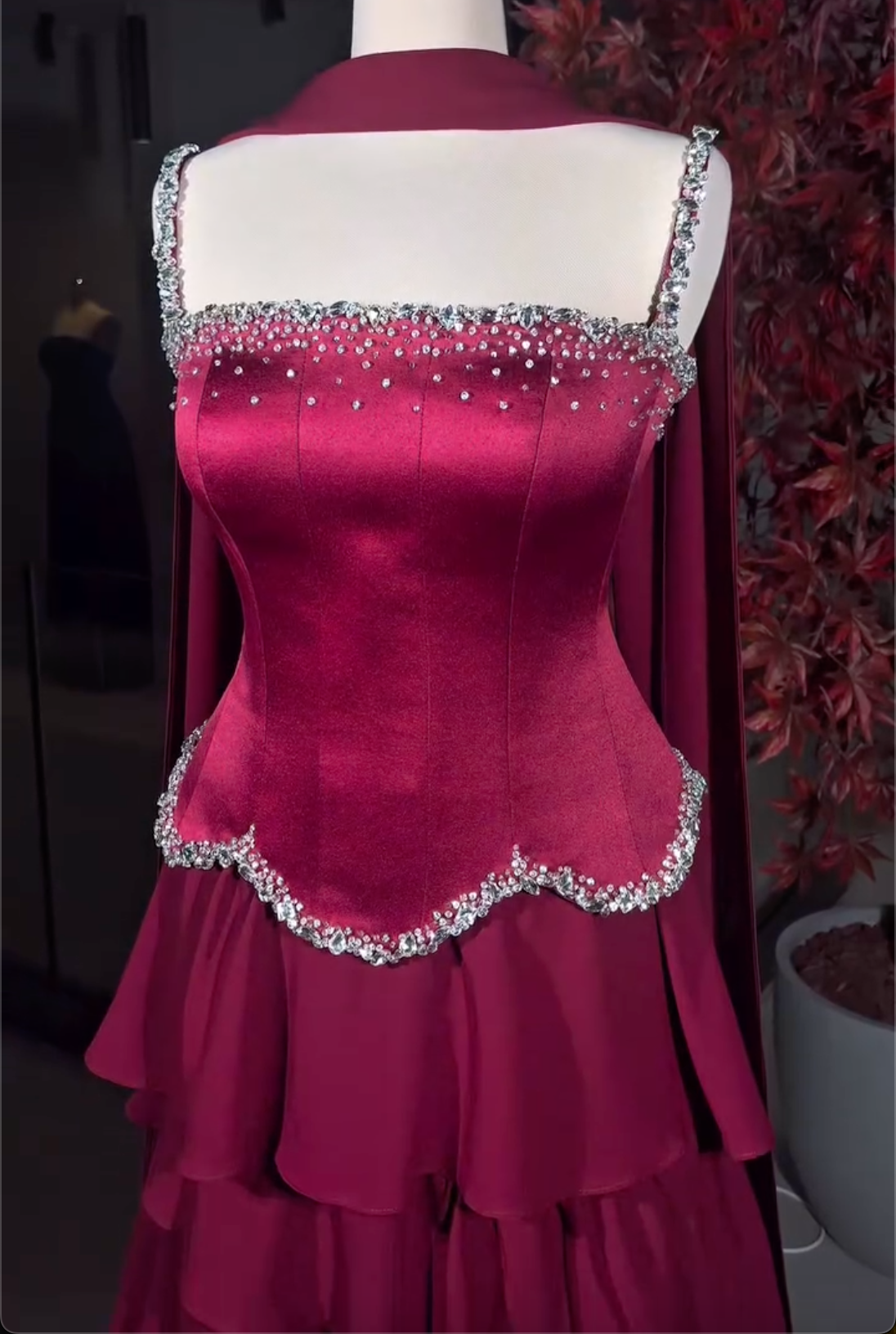 Burgundy Spaghetti Strap Maxi Dress with Crystal Trim & Capelet Sleeves