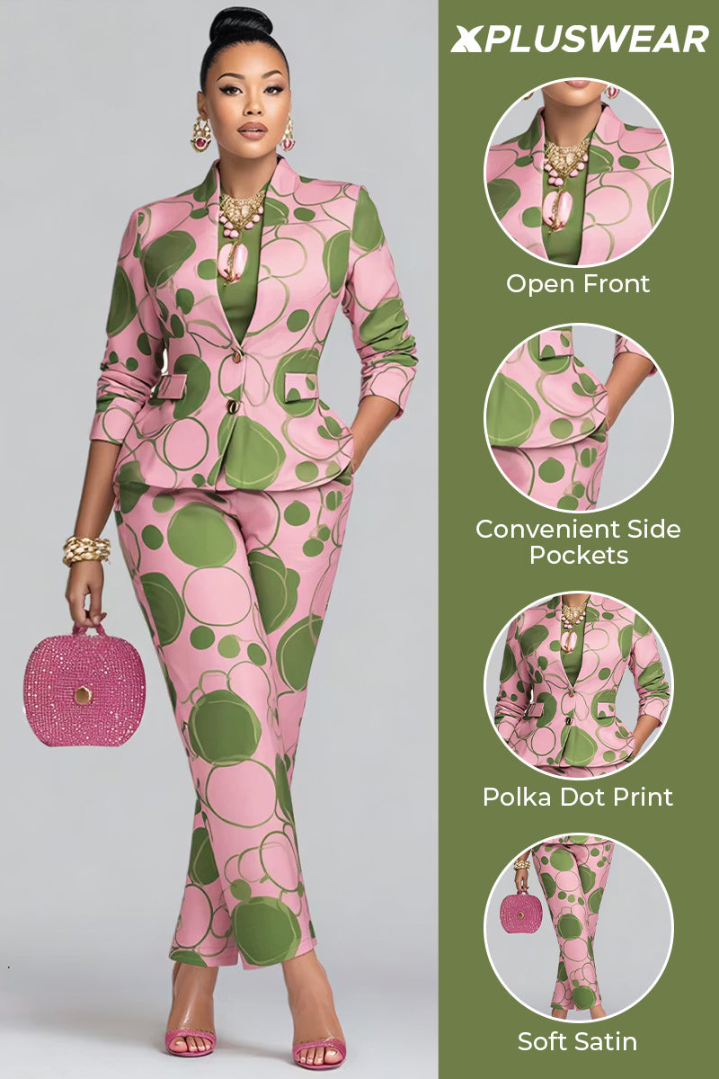 Business Casual Pink Polka Dot 3/4 Sleeve Pocket Satin Two Piece Pant Sets