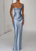Dusty Blue Satin One-Shoulder Maxi Dress with Cowl Neck & Lace-Up Back