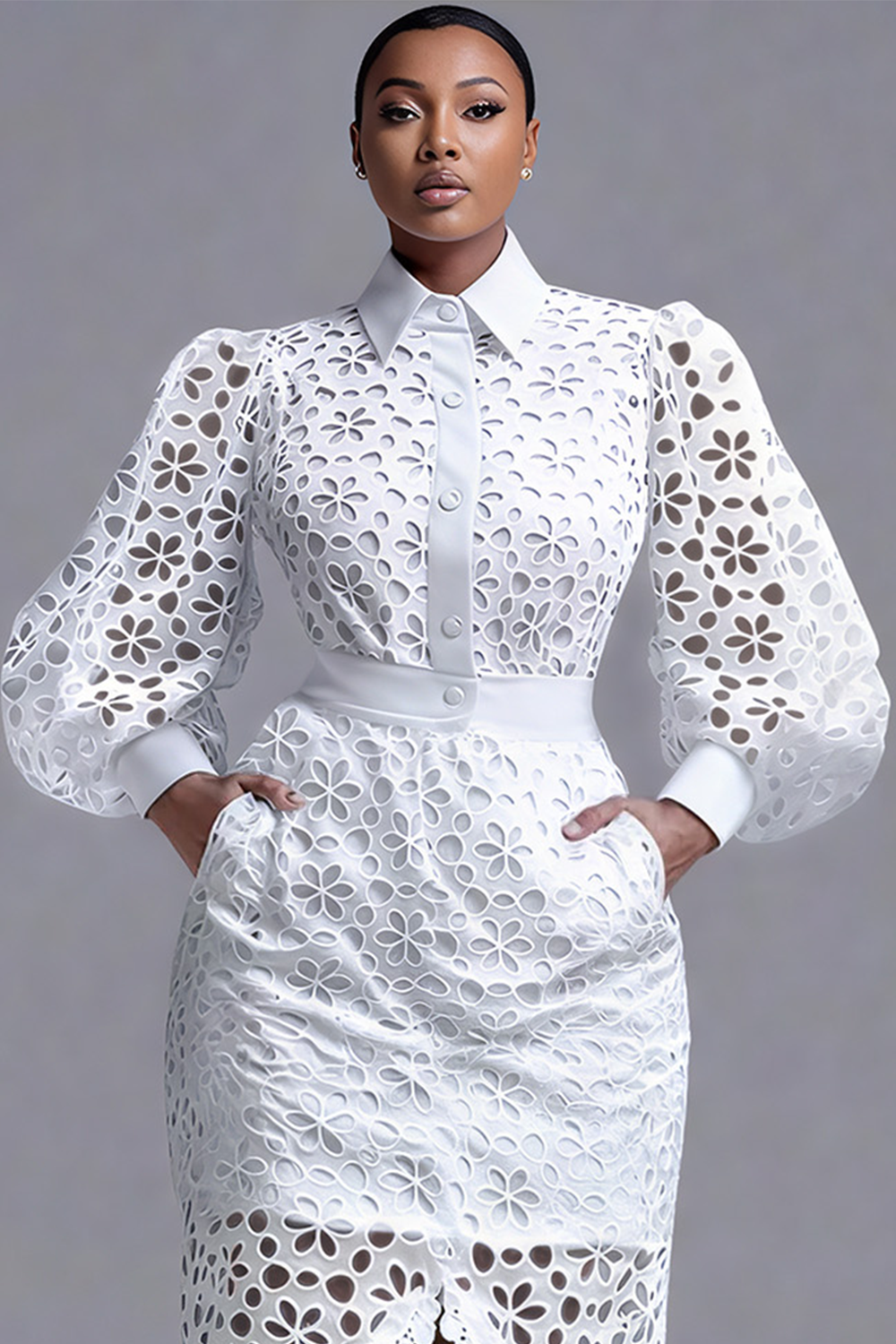 Business Casual White Shirt Collar Lantern Sleeve Long Sleeve Split Elegant See Through Lace Two Piece Skirt Sets