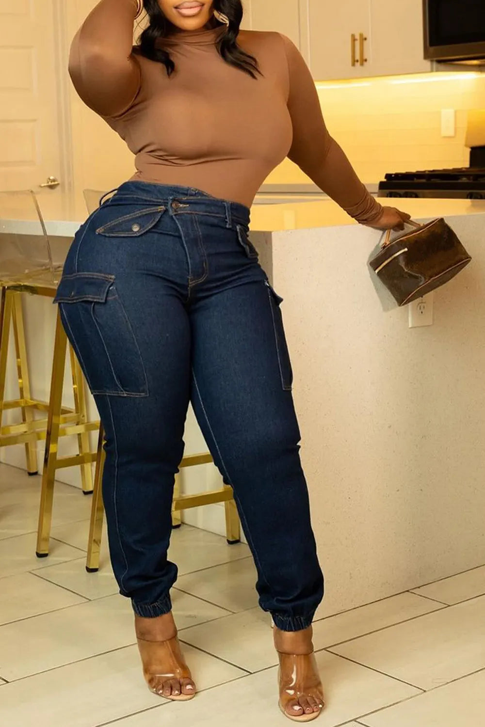 Xpluswear Plus Size Blue Daily Denim Asymmetric Waist With Pocket Cargo Jeans