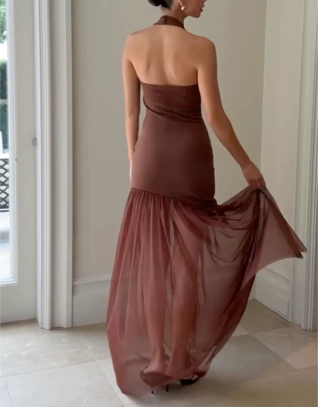 Caramel Brown Halter Maxi Dress with Cutout Detail & Sheer Mesh Mermaid Skirt