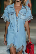 Ladies' Hot Selling Casual Shirt Tassel Short Denim Dress