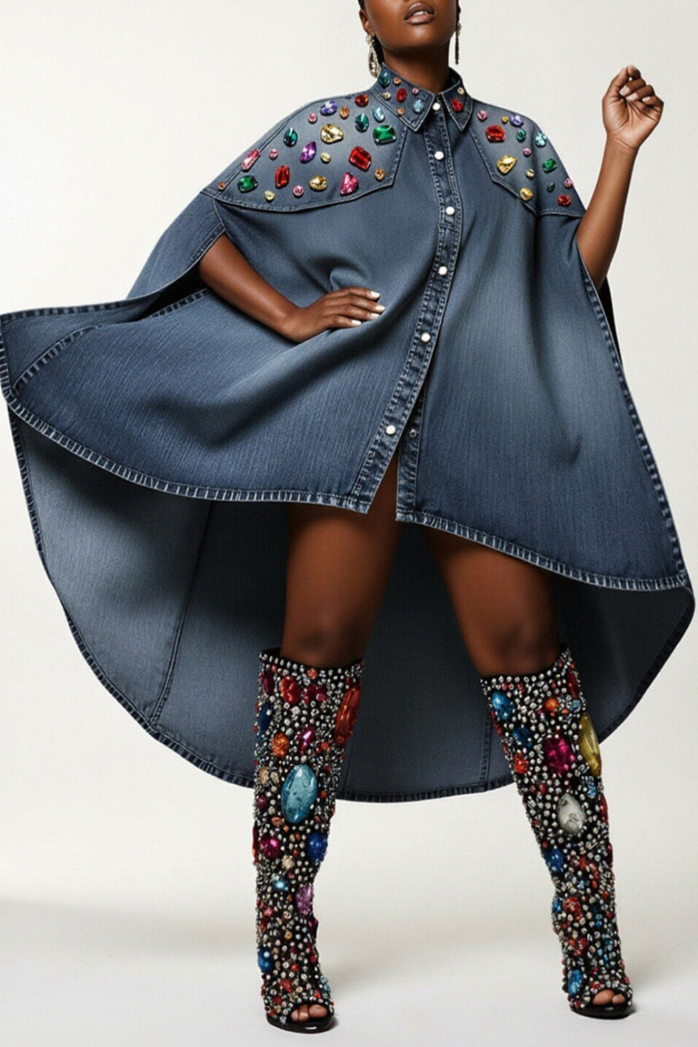 Xpluswear Design Plus Size Party Blue Shirt Collar Half Sleeve Drilling Casual Asymmetric Hem Denim Mini Dresses
