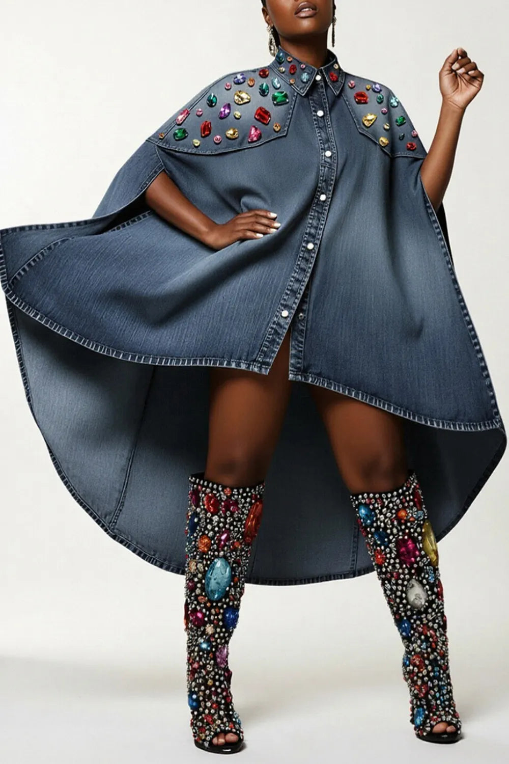 Party Blue Shirt Collar Half Sleeve Drilling Casual Asymmetric Hem Denim Mini Dresses