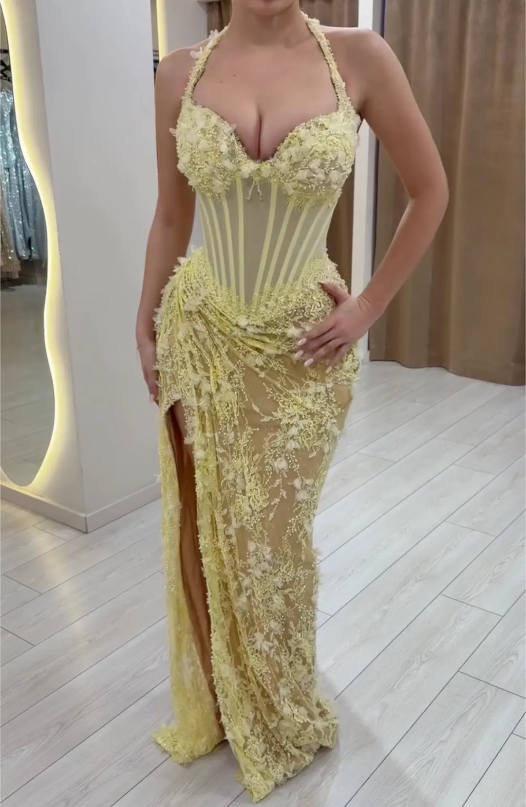 Yellow Halter Floral Lace Mermaid Maxi Evening Gown - Corset Bodice High Slit Formal Dress