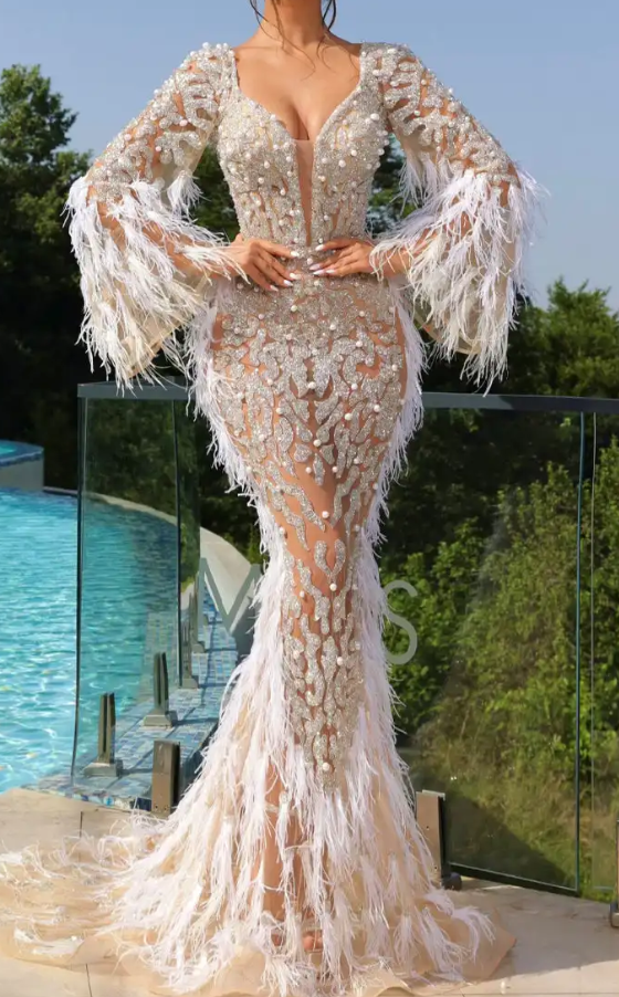Champagne Nude Crystal & Feather Embellished Plunge Neck Mermaid Maxi Dress