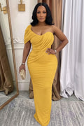 One Shoulder Ruched Solid Color Slim Casual Maxi Dresses-Yellow