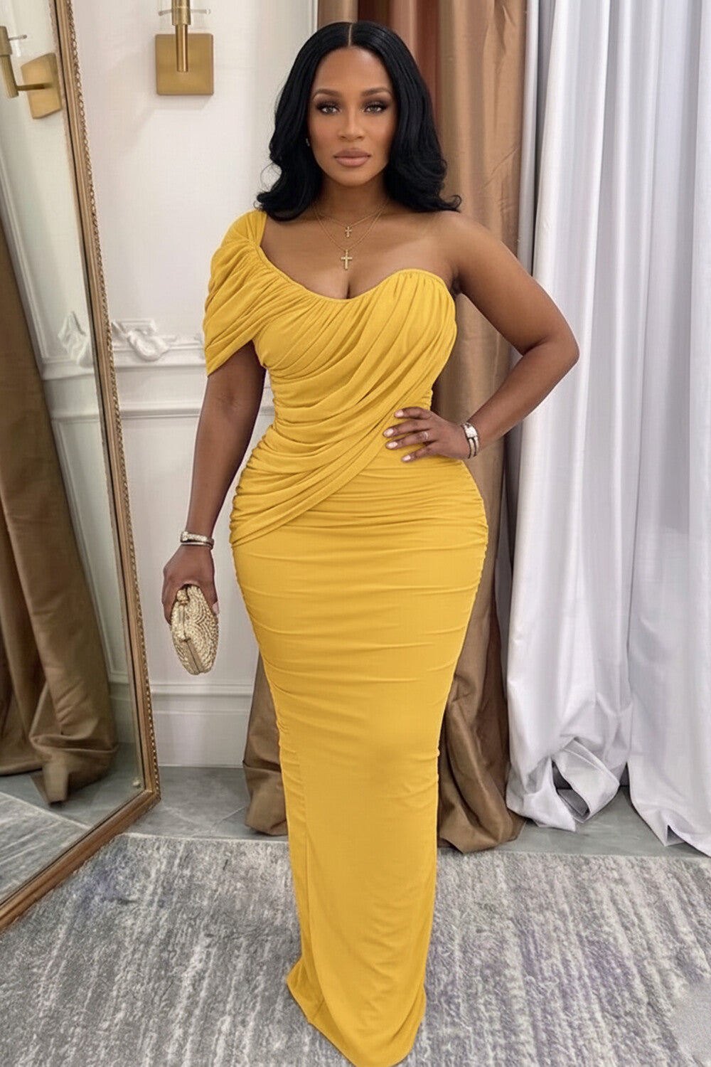 One Shoulder Ruched Solid Color Slim Casual Maxi Dresses-Yellow
