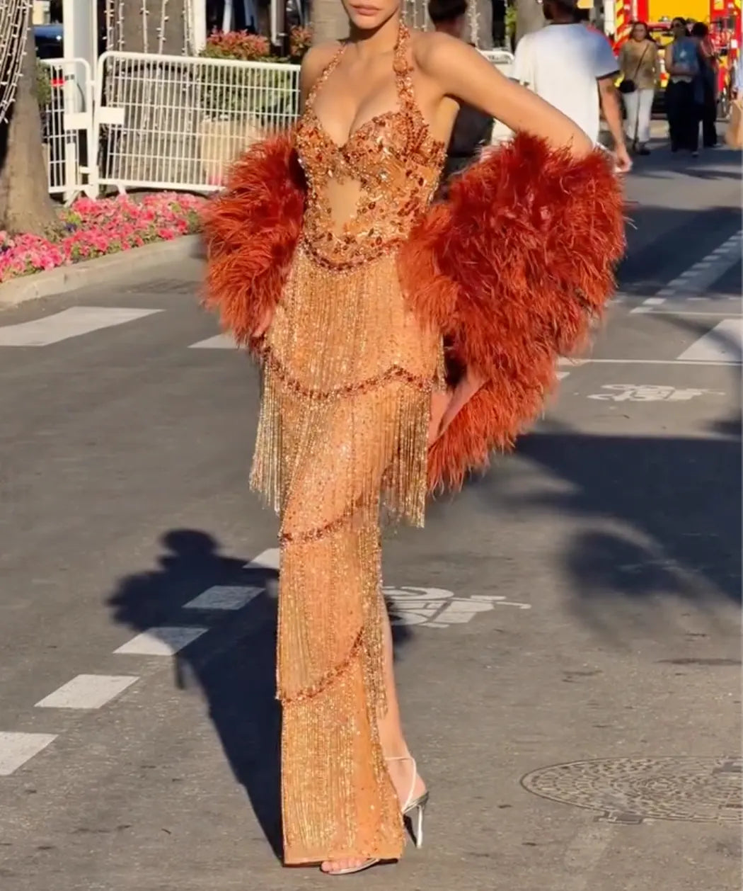 Orange Halter Neck Maxi Evening Gown - Crystal Beaded Fringe with Feather Wrap Formal Dress