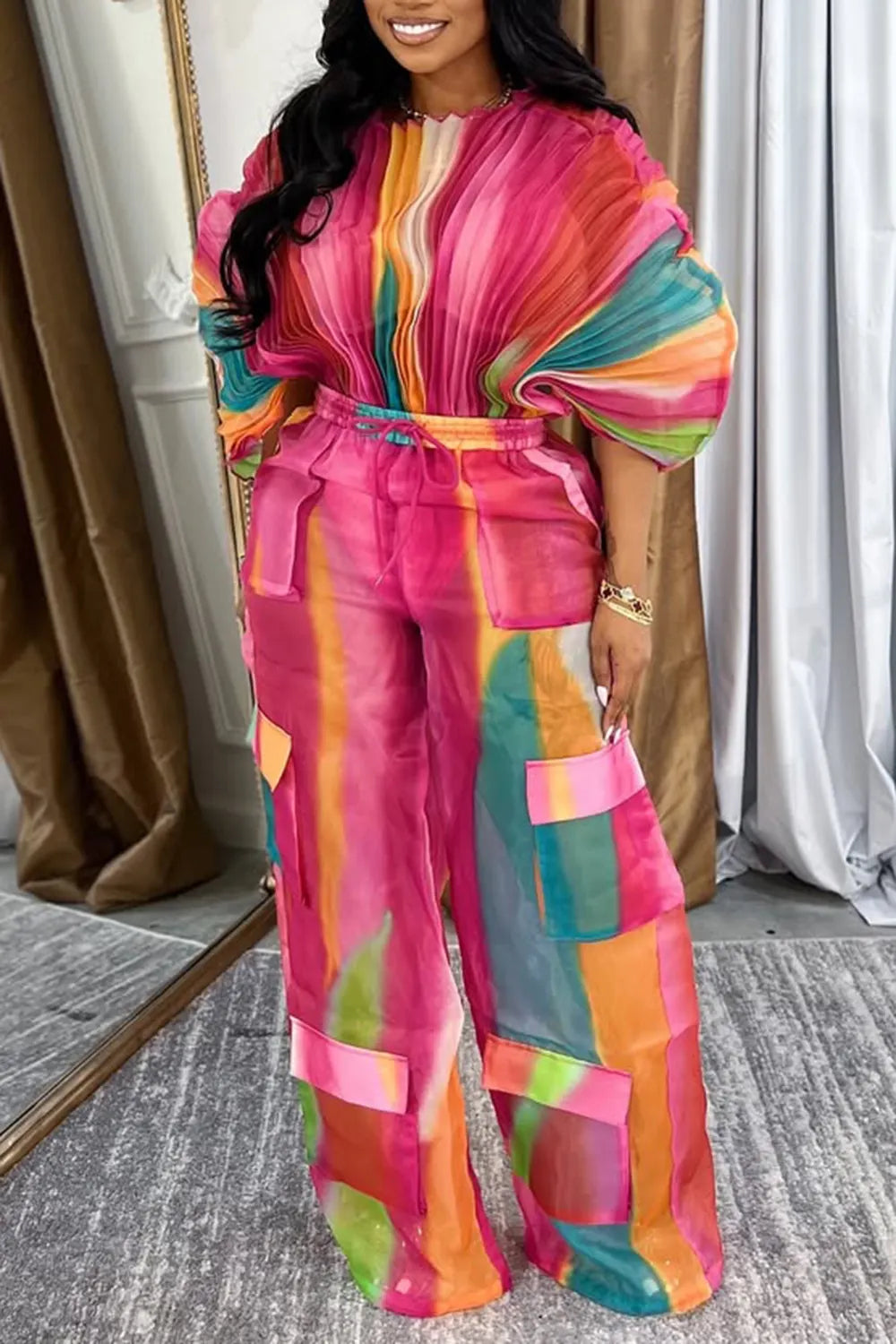 Plus Size Daily Hot Pink Gradient Round Neck Batwing Sleeve Half Sleeve Cargo Pleated Two Piece Pant Sets