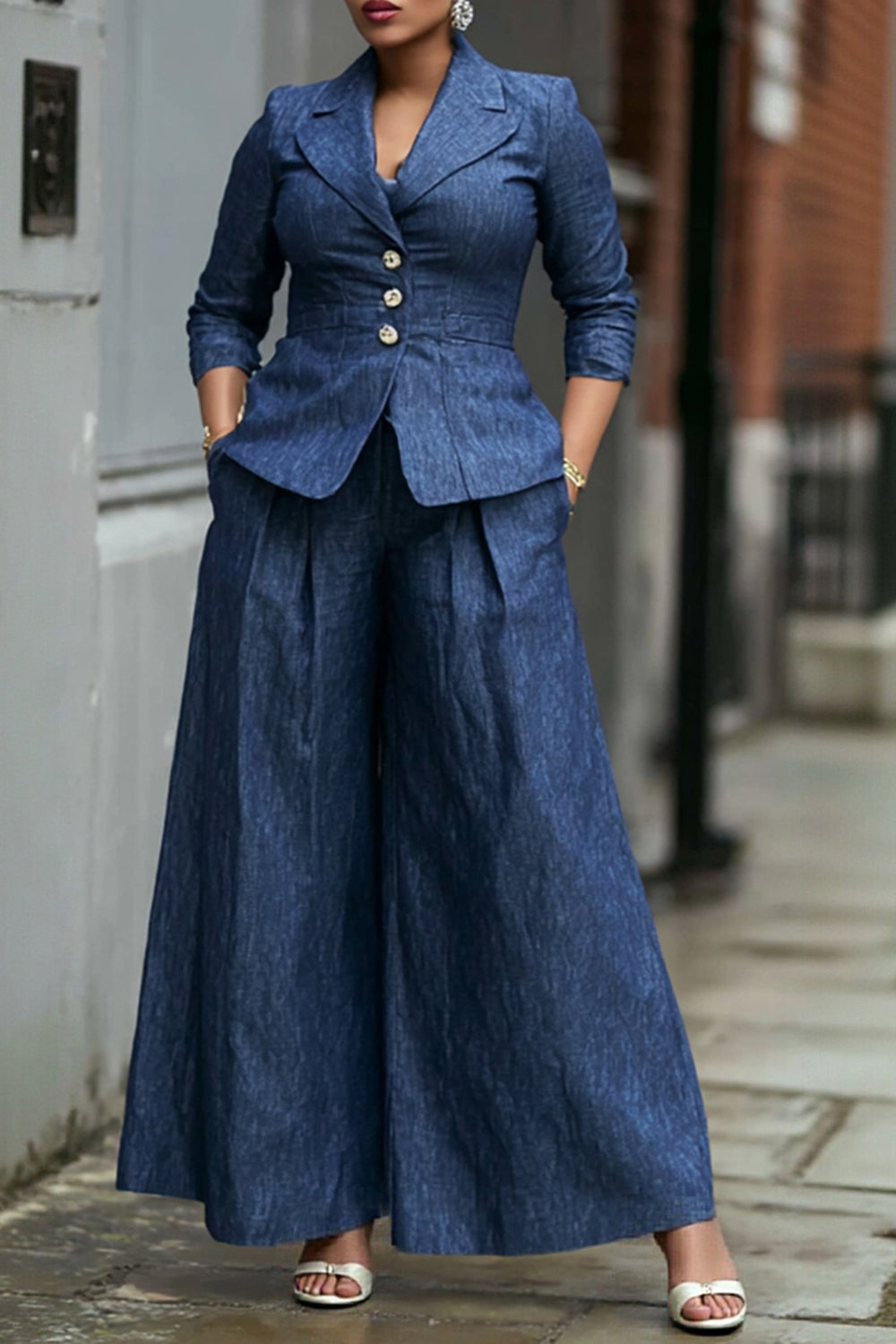 Xpluswear Design Plus Size Business Casual Elegant Blue Lapel Collar 3/4 Sleeve Pocket Wide Leg Tencel Denim Two Piece Pant Suits