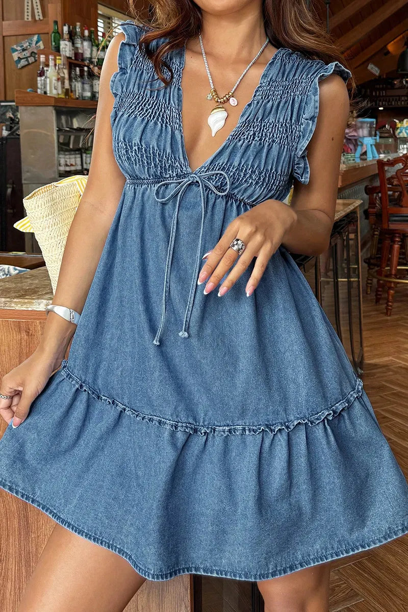 Women Deep V Ruffle Sleeveless Denim Mini Dress with Front Tie