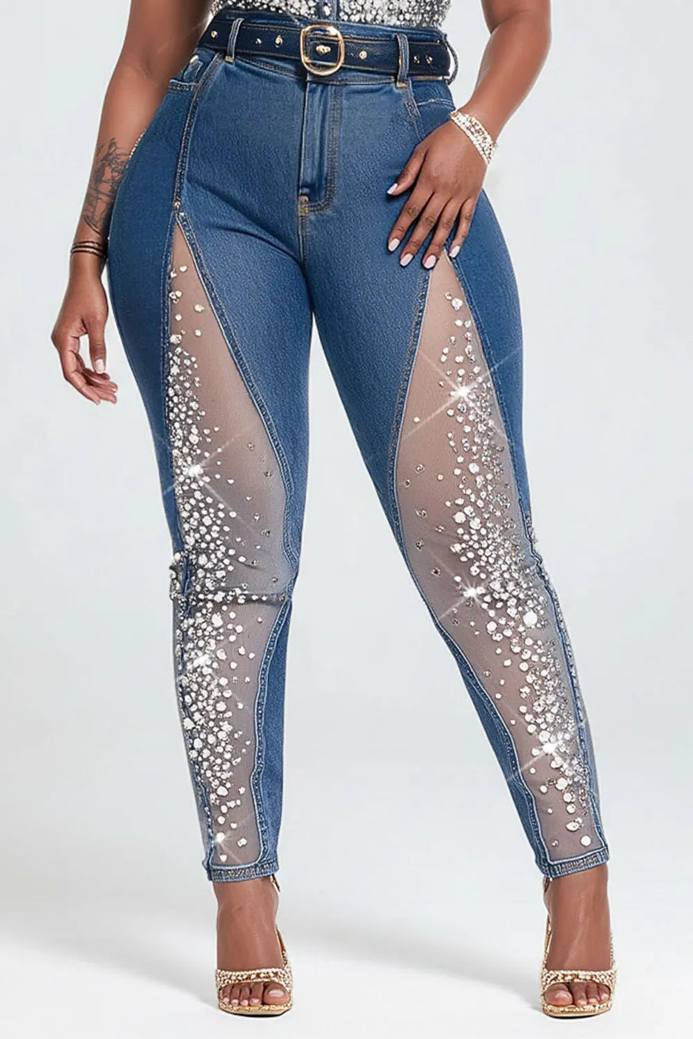 Xpluswear Design Plus Size Party Tulle Blue Drilling See Through Denim Jeans