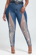 Xpluswear Design Plus Size Party Tulle Blue Drilling See Through Denim Jeans