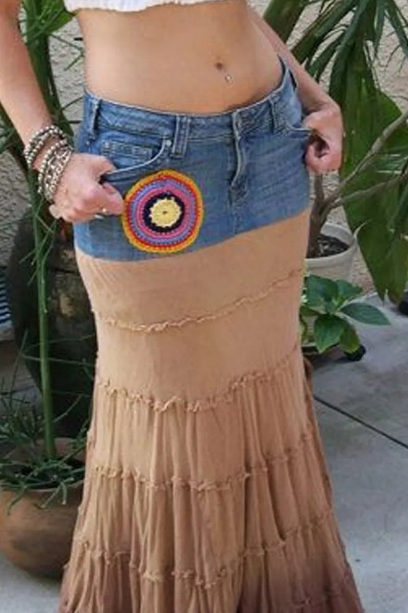 Hot Selling Women's Casual Denim Patchwork Long Skirt