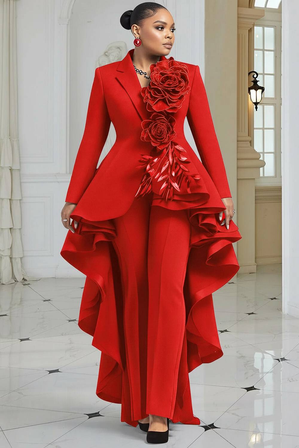 Wedding Guest Black Lapel Collar Long Sleeve Asymmetric Hem Elegant 3D Two Piece Pant Suits