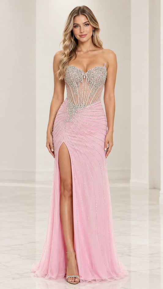 Beaded Corset Illusion Bodice Evening Gown with Thigh Slit