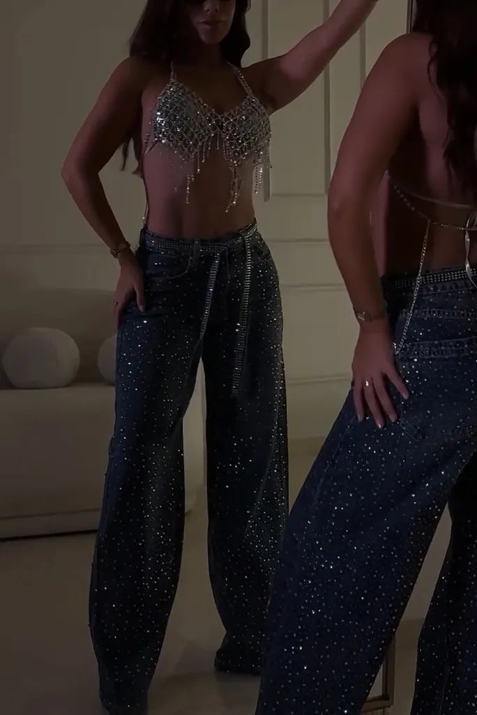 Wide-Legs Jeans with Luxe Rhinestone Waist Detail