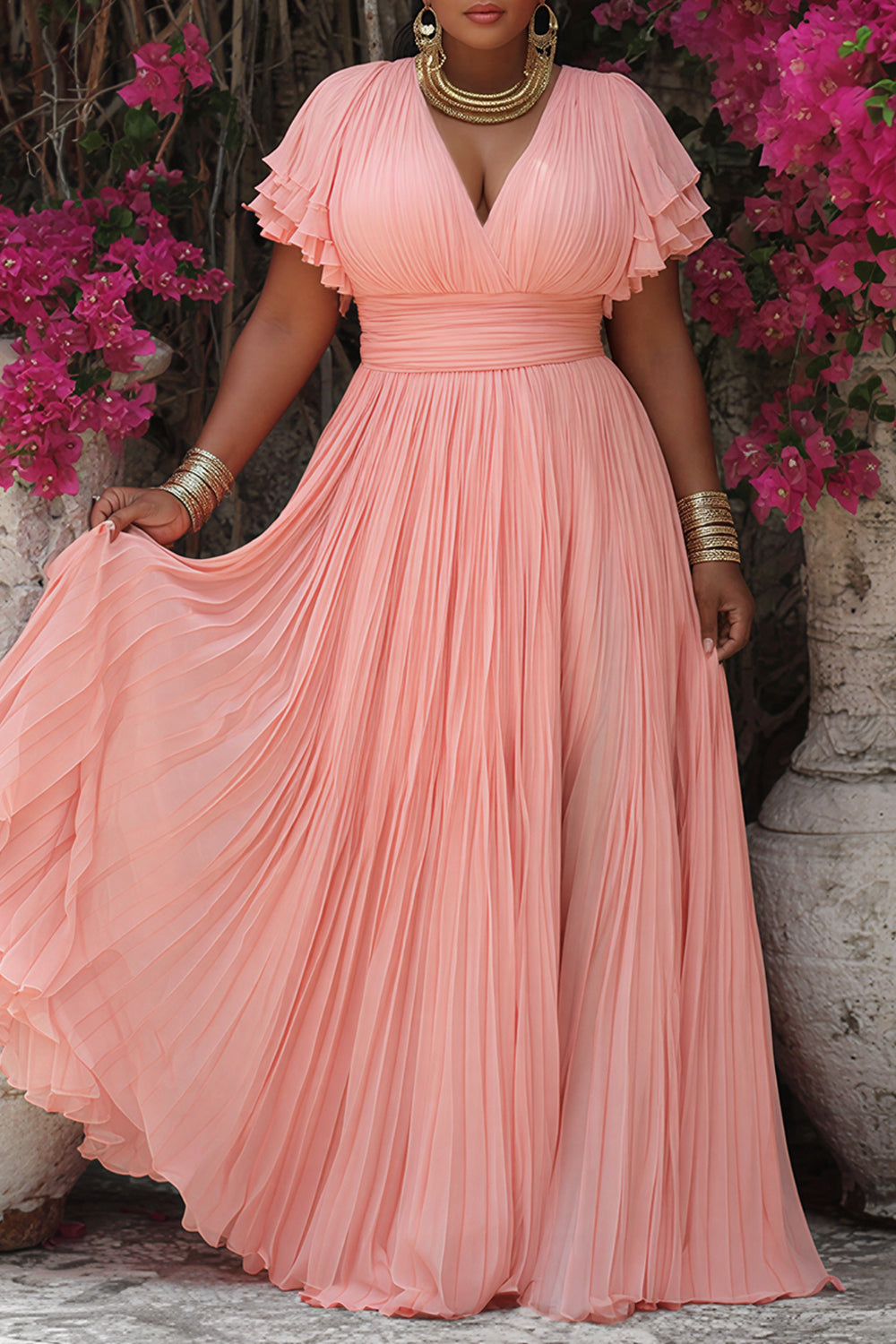 Pink Wrap Neck Short Sleeve Ruffle Pleated Maxi Dresses