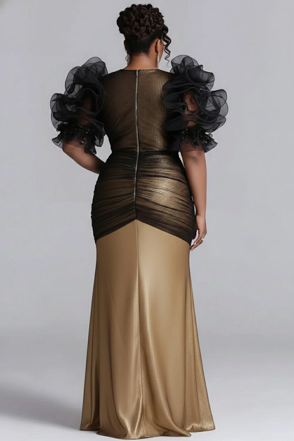 Gold Colorblock V Neck Puff Sleeve Half Sleeve Ruffled Elegant Ruffle Satin Tulle Maxi Dresses