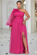 Hot Pink One Shoulder Long Sleeve Split 3D Tulle Maxi Dresses