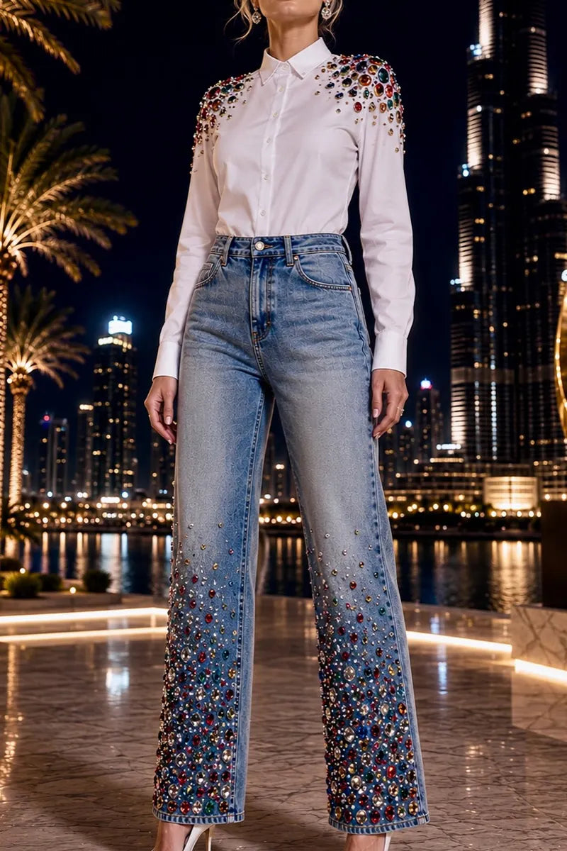 Women Light Blue Washed High Waist Wide Leg Ombre Rainbow Rhinestone Hem Jeans