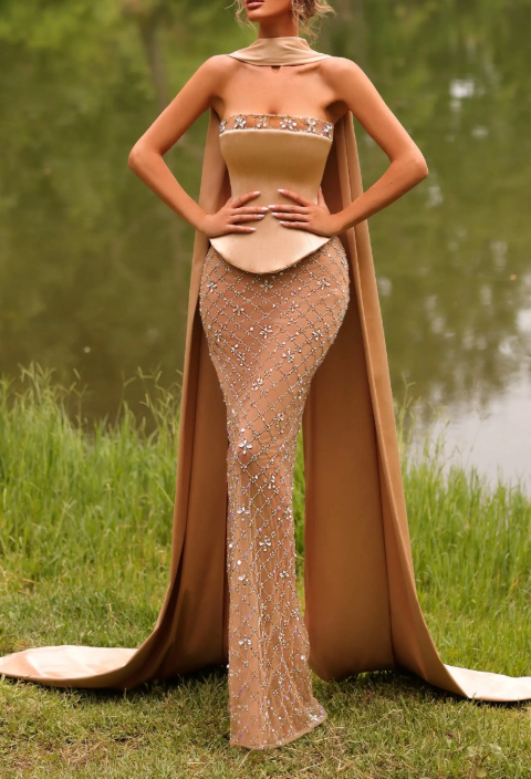 Champagne Halter Neck Corset Bodice Sequin Formal Maxi Dress