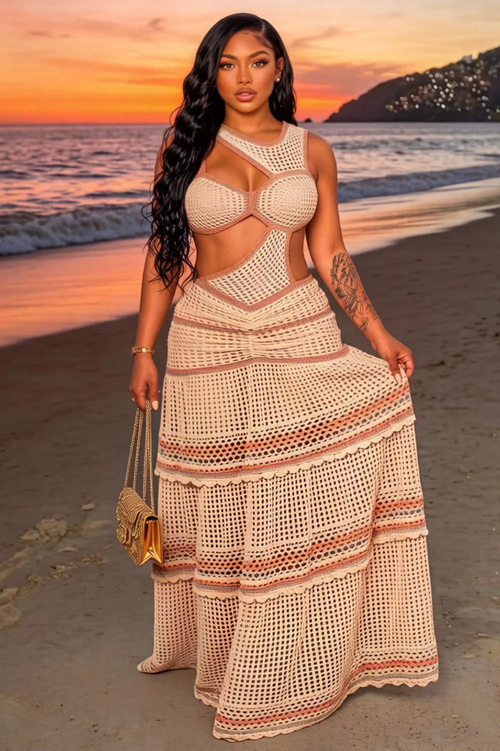 Cut Out Sleeveless Tiered Vacation Maxi Dresses-Multicolor