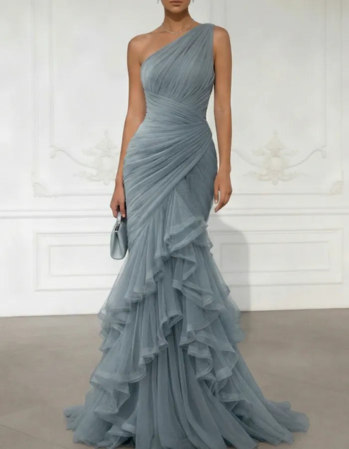 Blush One-Shoulder Ruched Tulle Ruffle Gown – Romantic Formal Elegance