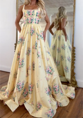 Yellow Floral Square Neck Open Back Maxi Dress