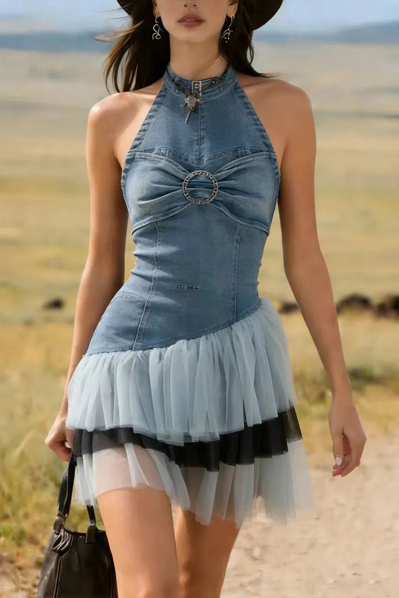 Ladies' Fashionable Chiffon Pleated Patchwork Denim Sleeveless Dress