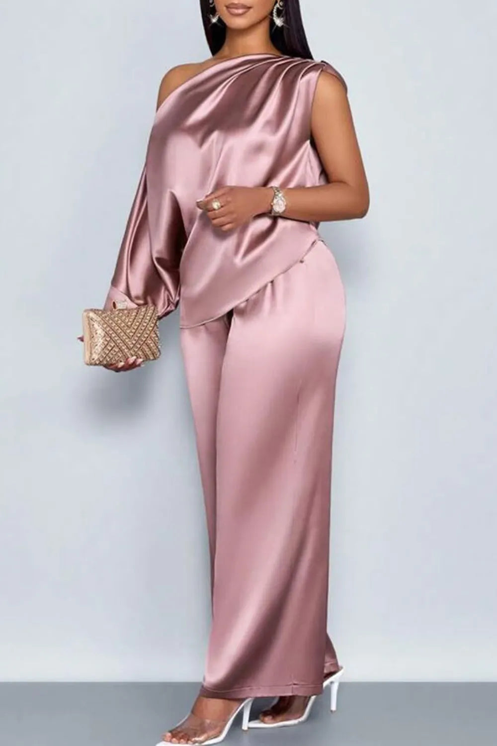 Casual Pink Elegant Oblique Collar Short Sleeve Pocket Satin Two Piece Pant Sets