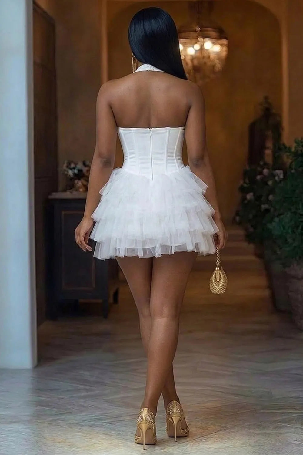 Halter V Neck Tiered Ruffle Mesh Hem Party Mini Dresses-White [Pre Order]
