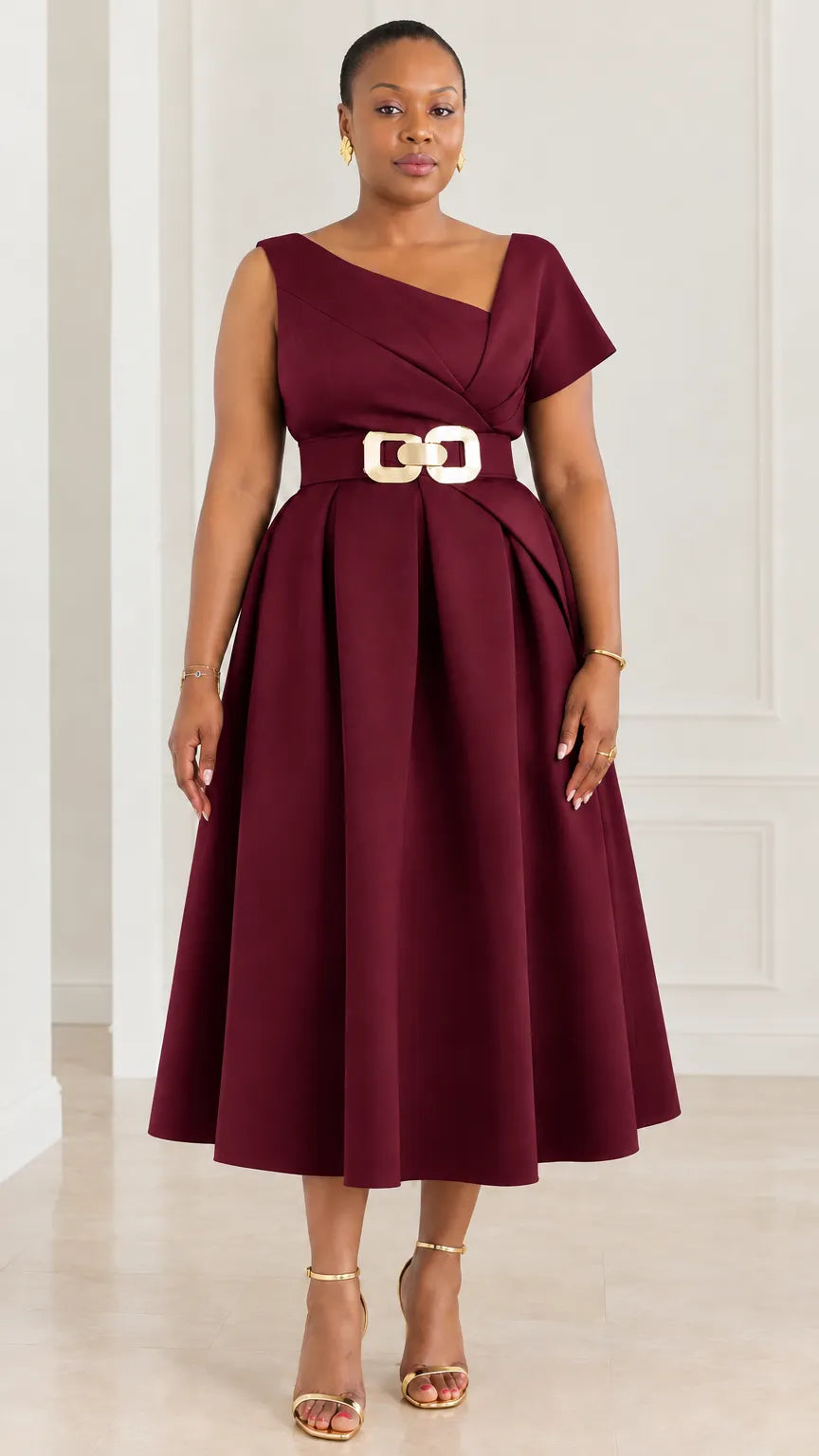 Asymmetrical Neckline Belted Pleated Midi A-Line Cocktail Dress