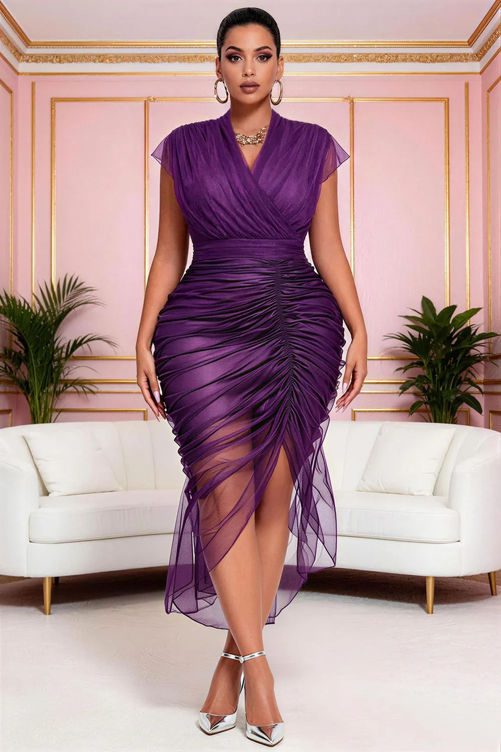 Cocktail Party Elegant Purple Wrap Neck Short Sleeve Fold Asymmetric Hem Tulle Midi Dresses [Pre-Order]