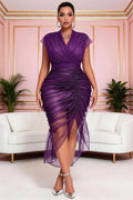 Cocktail Party Elegant Purple Wrap Neck Short Sleeve Fold Asymmetric Hem Tulle Midi Dresses [Pre-Order]