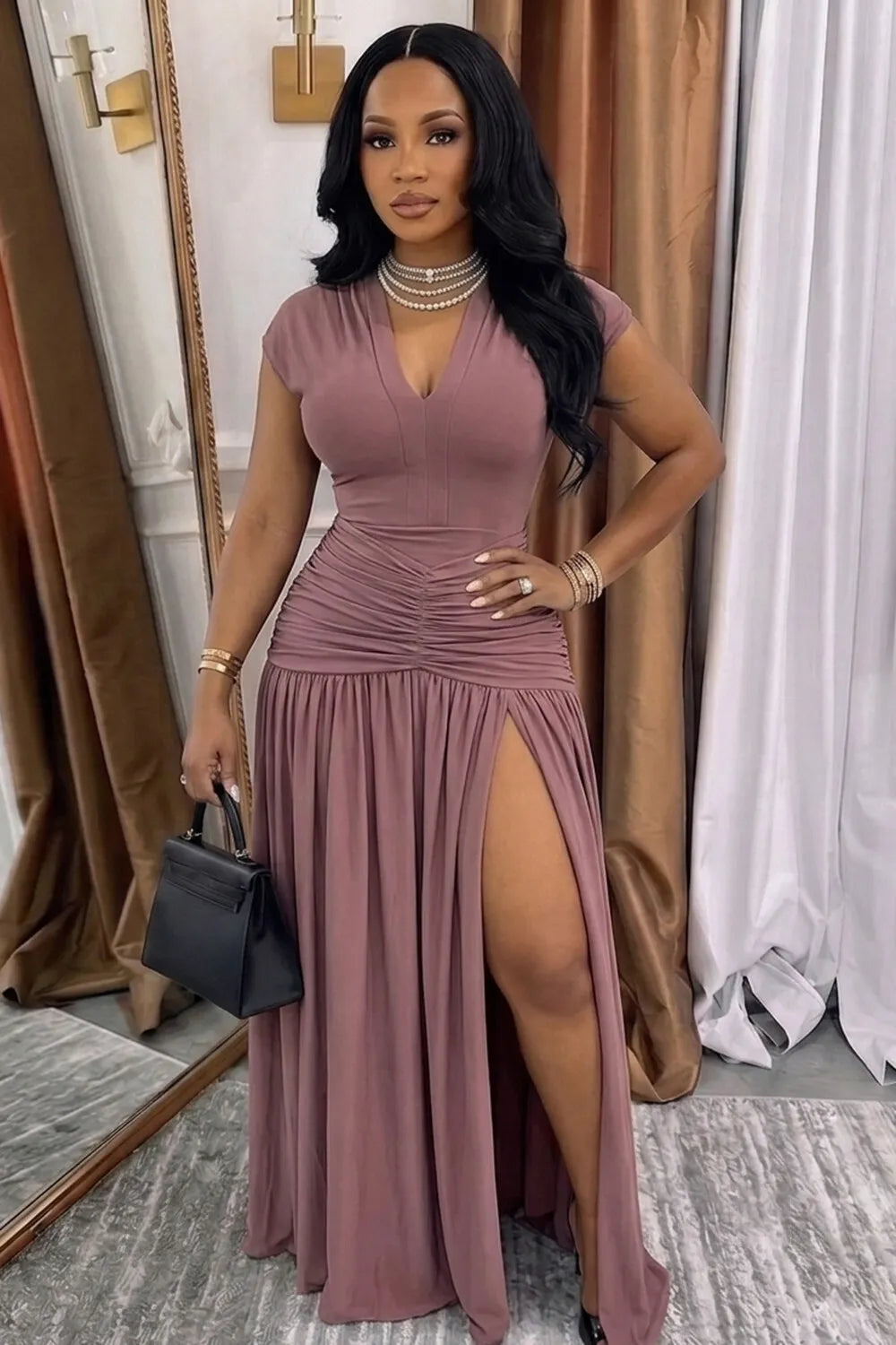 V Neck Cap Sleeve Ruched High Slit Casual Maxi Dresses-Purple [Pre Order]