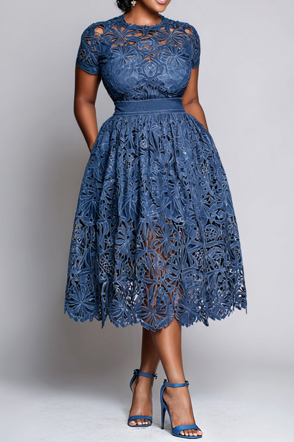 Cocktail Party Blue Round Neck Short Sleeve Pocket Cut Out Guipure Lace Midi Dresses