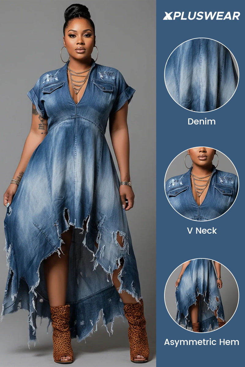 Xpluswear Design Plus Size Party Blue V Neck Short Sleeve Ripped Asymmetric Hem Denim Midi Dresses