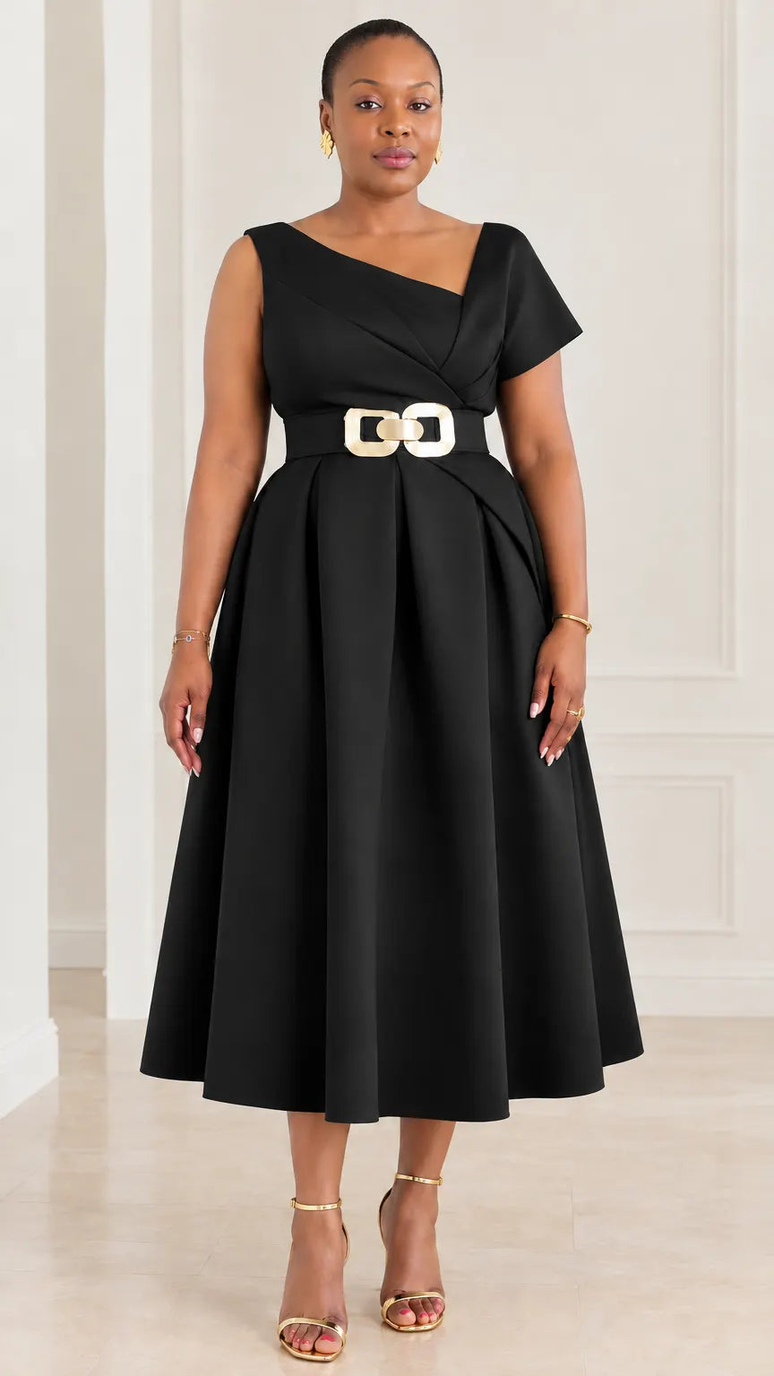 Asymmetrical Neckline Belted Pleated Midi A-Line Cocktail Dress