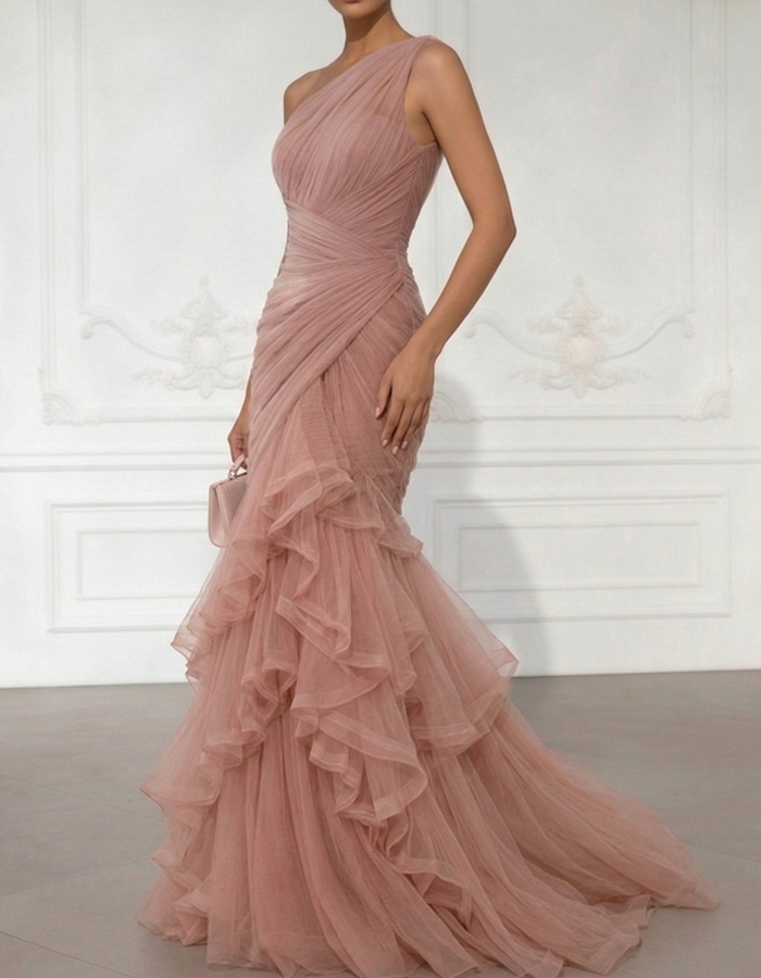 One-Shoulder Draped Tulle Mermaid Gown Maxi Dress