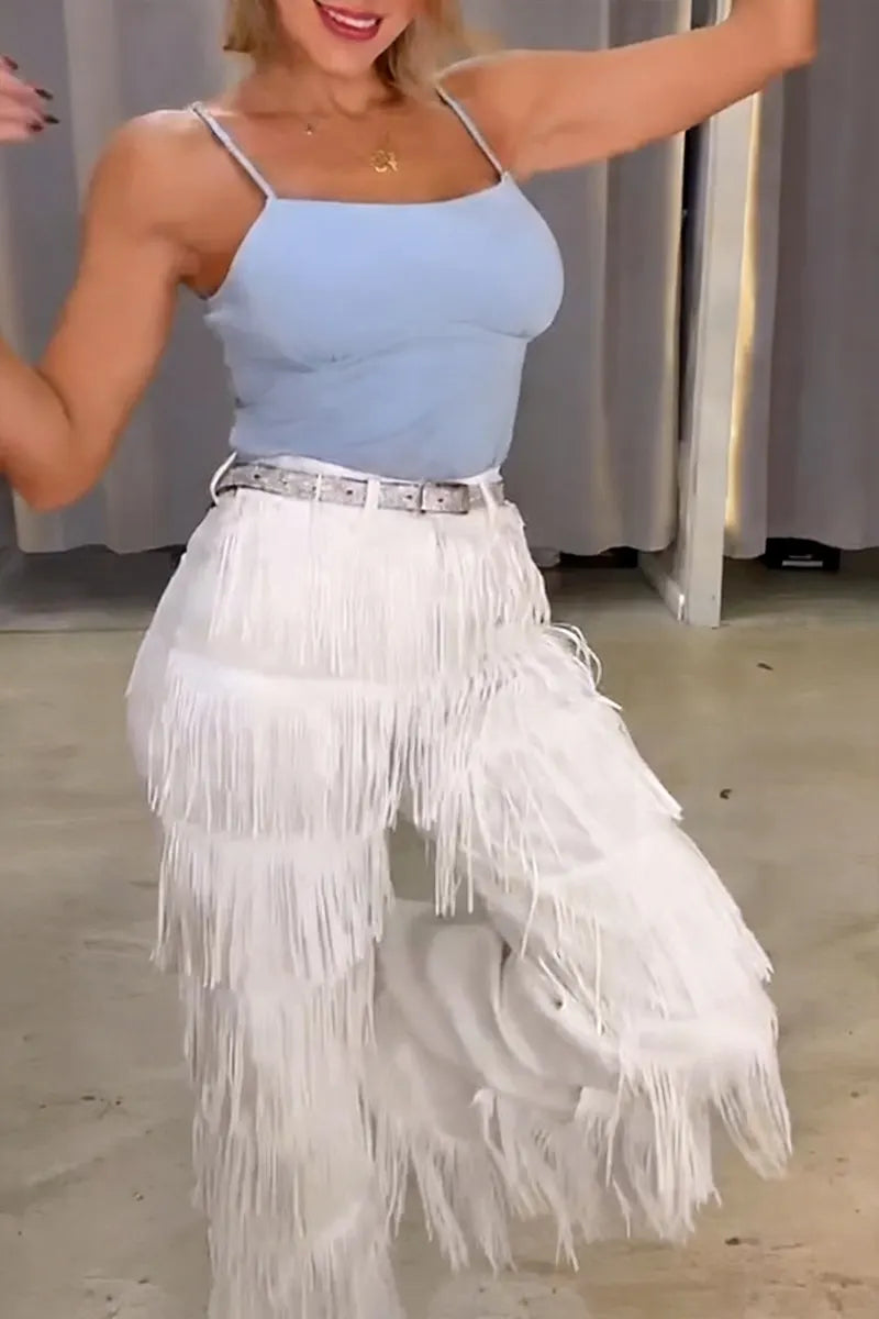 Women's Fashion Wide-Leg Fringe Trim Pants