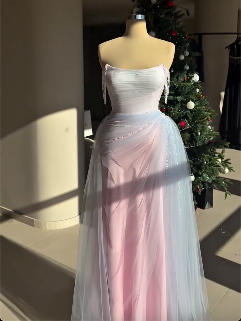 Pastel Ombre Tulle Maxi Dress with Beaded Strap Details & Lace-Up Back
