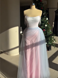 Pastel Ombre Tulle Maxi Dress with Beaded Strap Details & Lace-Up Back