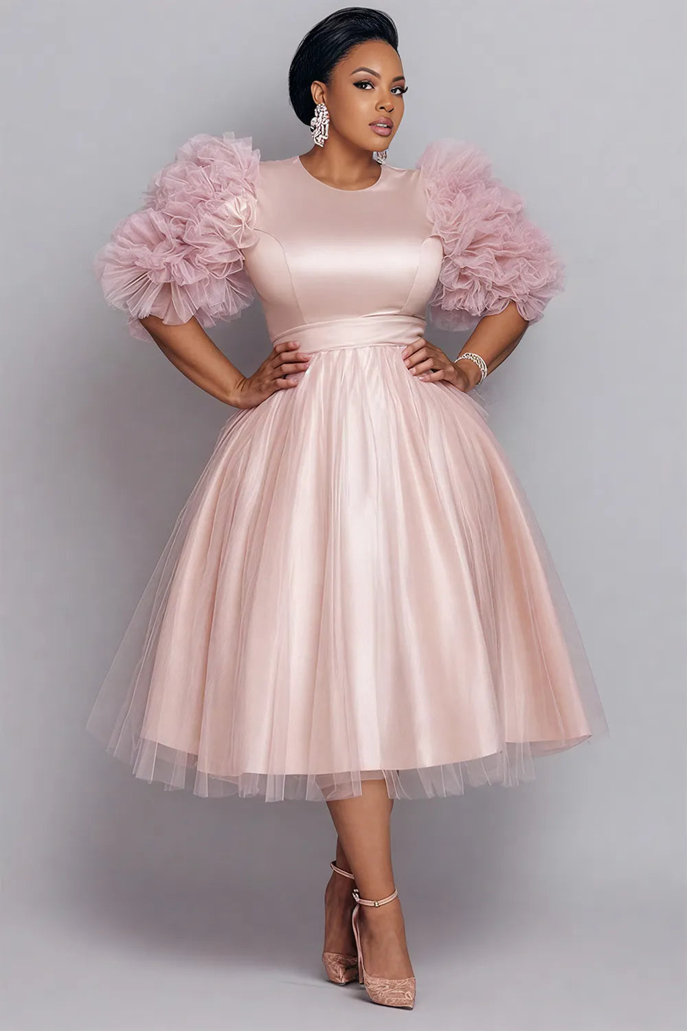 Tulle Pink Round Neck Long Sleeve Contrast Elegant 3D Satin Midi Dresses
